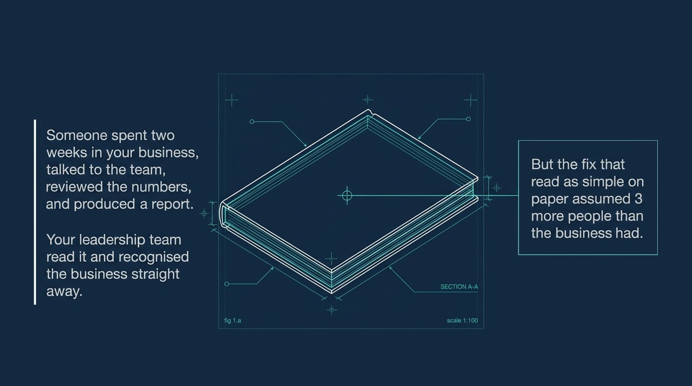 Blueprint style drawing of a report as a closed book, with text about someone spending 2 weeks in the business and producing a report, and a note that the fix that read as simple on paper assumed 3 more people than the business had.