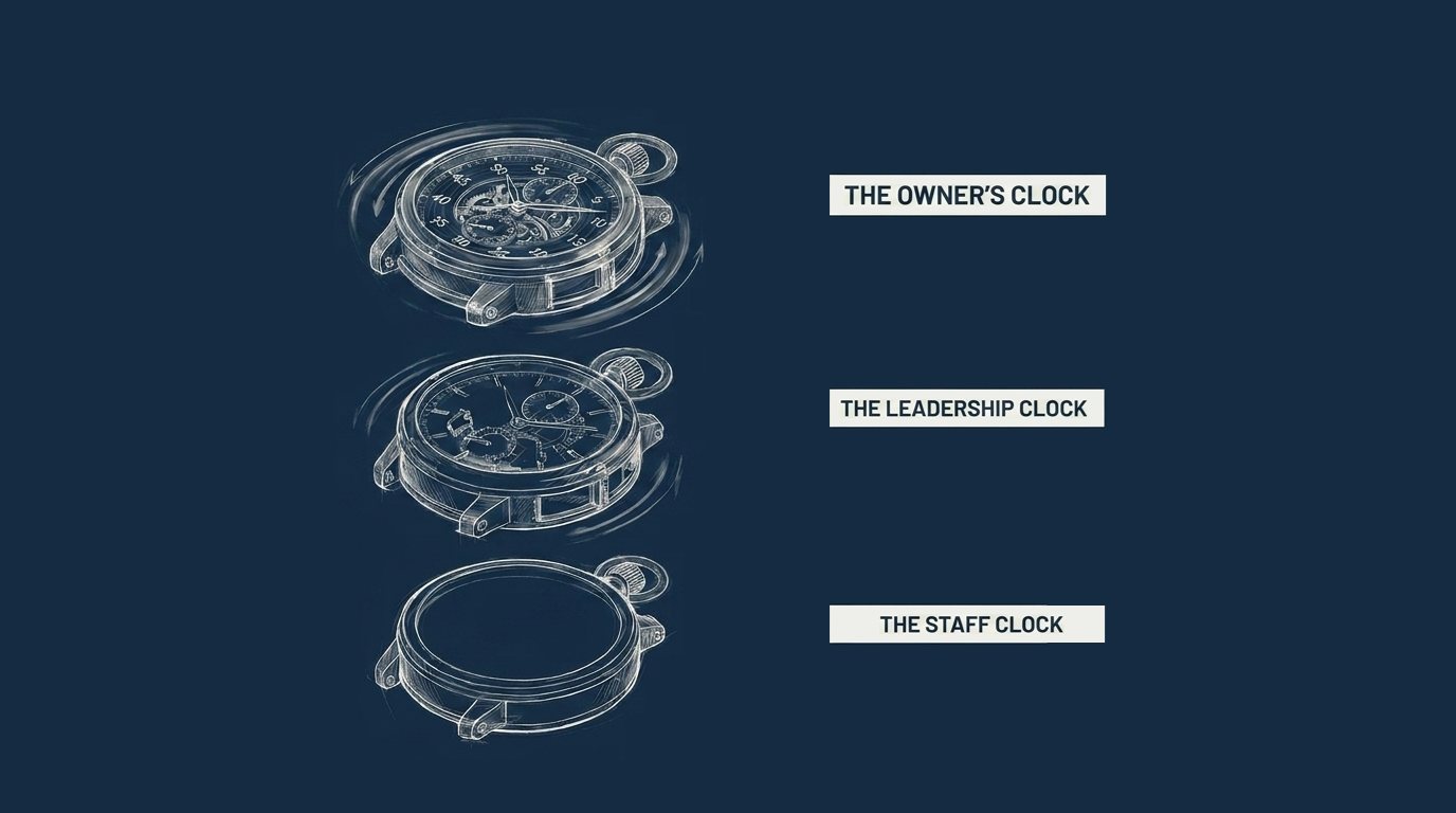 Three clocks labelled the owner's clock, the leadership clock and the staff clock.